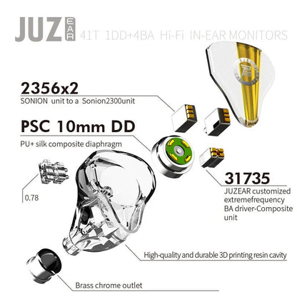 JUZEAR 41T 1DD+4BA Monitor IEM Earphone with Silver - Plated Cable - The HiFi Cat