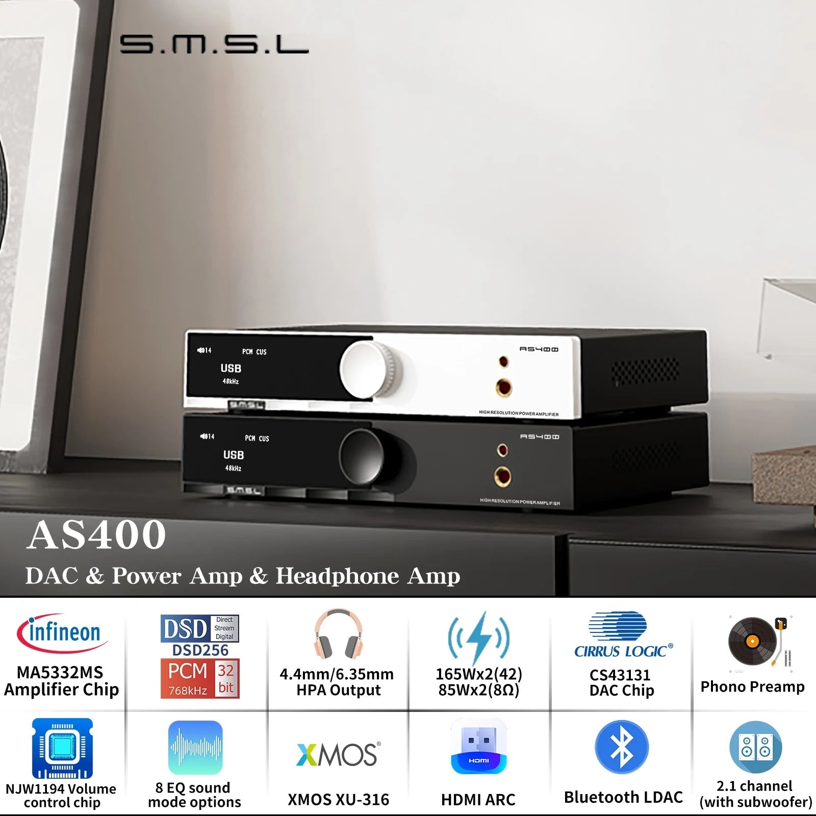 SMSL AS400 Hi-Res DAC Power Amplifier Headphone AMP – The HiFi Cat SMSL AS400 Hi-Res DAC Power Amplifier Headphone AMP – The HiFi Cat