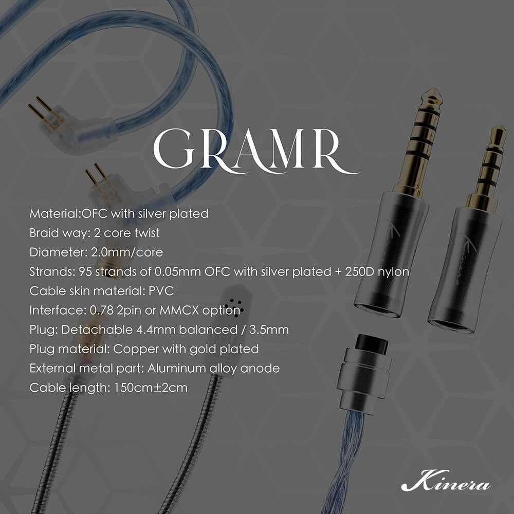 Kinera Gramr Black Modular Microphone (3.5mm + 4.4mm), OFC Silver Plated,0.78 2pin / MMCX connector - The HiFi Cat