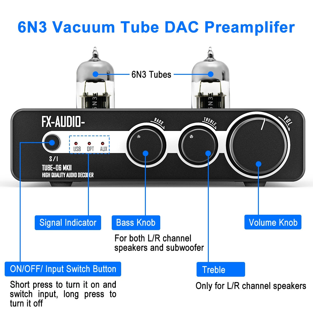 FX-Audio TUBE-06MKII Tube Preamplifier USB DAC ES9018K2M Tube 6N3 Pre Amplifier 24Bit/192kHz Subwoofer Preamp with Bass Treble - The HiFi Cat