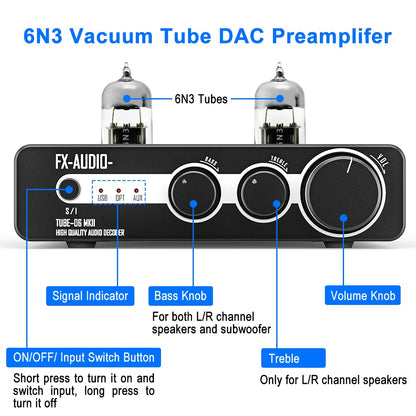 FX-Audio TUBE-06MKII Tube Preamplifier USB DAC ES9018K2M Tube 6N3 Pre Amplifier 24Bit/192kHz Subwoofer Preamp with Bass Treble - The HiFi Cat