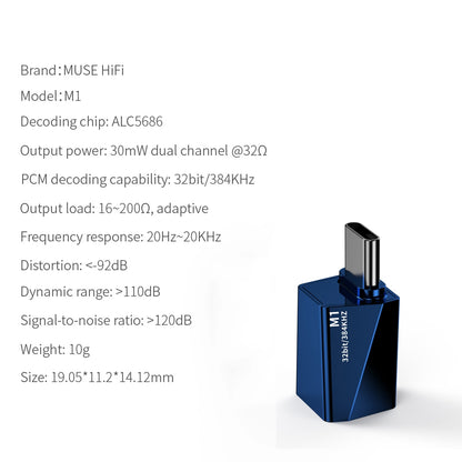 MUSE HIFI M1 Blue NEW 2023 Type-C to 3.5mm Decoding Amp/DAC 384kHz/32bit Audio Adapter Chip apply to 7HZ Timeless Dioko S12 ATOM2 - The HiFi Cat